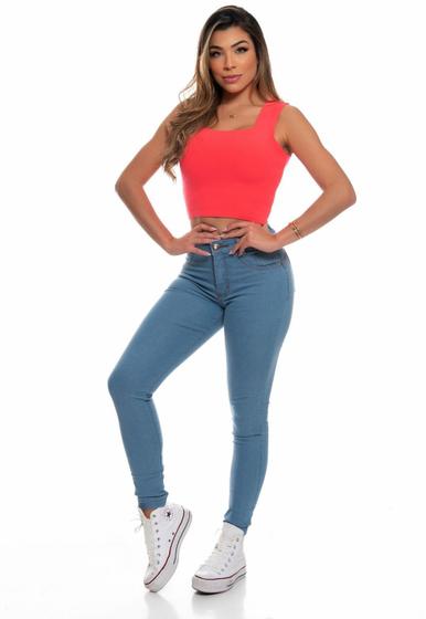Imagem de Calças Femininas Clara Lisa Com Bolsos Atrás Azul Moda Cintura Média Alta Moda