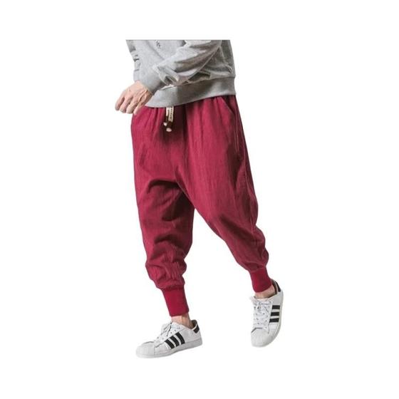 Imagem de Calças Harém De Linho De Algodão Masculino Cintura Elástica Streetwear Corredores Baggy Drop-virilha