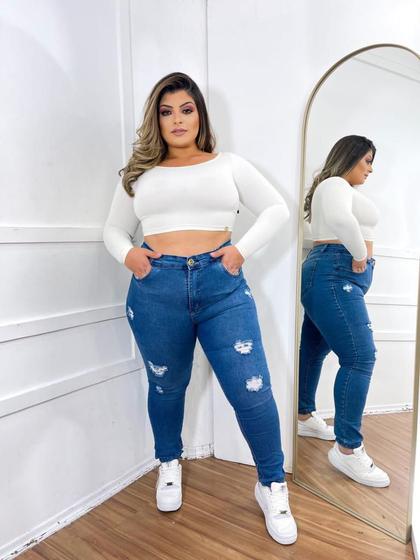 Imagem de Calças Jeans Moda Plus Size Feminina Skinny Lycra Destroyed