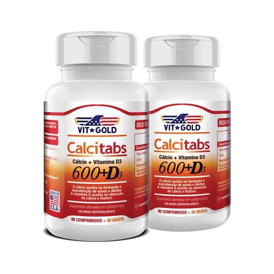 Imagem de Calcitabs - Cálcio 600 mg + Vit. D3 Vitgold KIt 2x 90 comp.