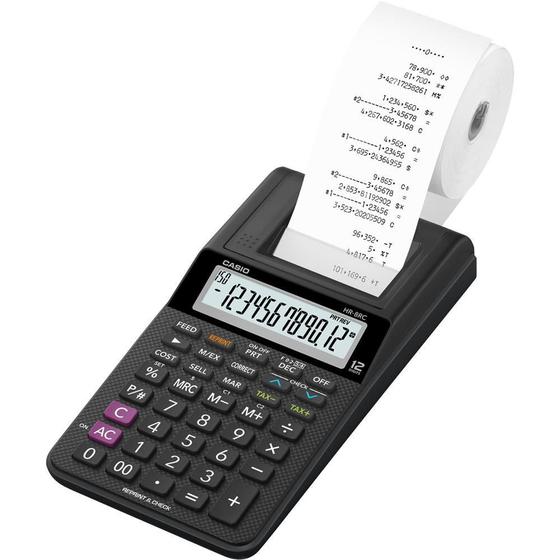 Imagem de Calculadora de Bobina Casio HR-8RC Preta Impressão 2ª Via Fonte Bivolt e Compartimento para Pilhas