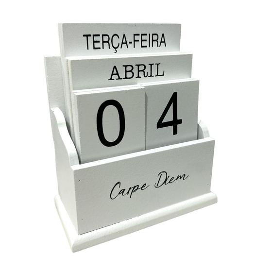 Imagem de Calendário De Mesa Decorativo Permanente Madeira Branco Com Frase Carpe Diem