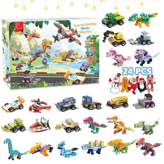 Imagem de Calendário do Advento 2024 com Blocos de Construção de Dinossauros e Veículos