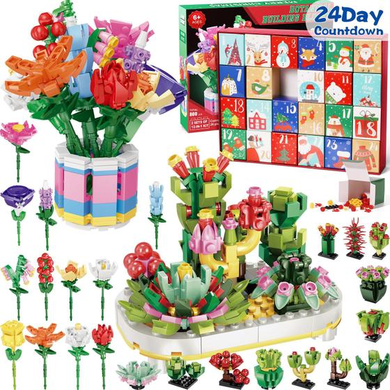 Imagem de Calendário do Advento Qinline 2024 - 12 Brinquedos de Construção Suculentos