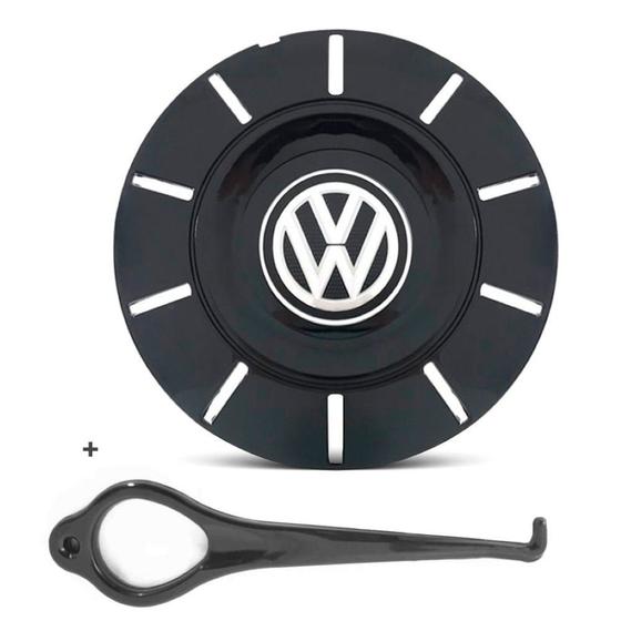 Imagem de Calota Centro Roda Ferro VW Amarok New Aro 13 14 15 4 Furos Preta Brilhante + Chave