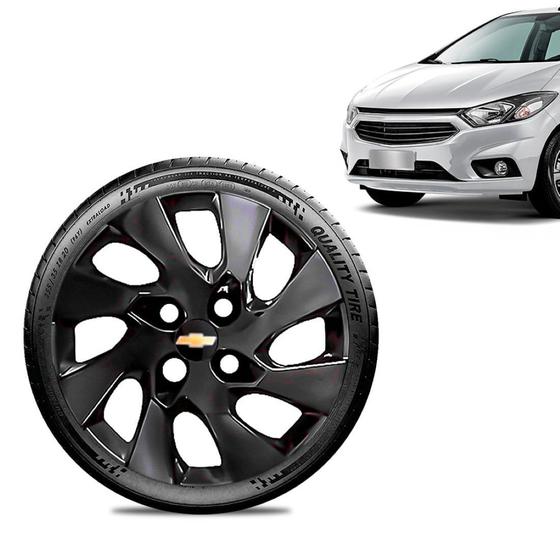 Imagem de Calota Chevrolet GM Onix 2013 14 15 16 Aro 14 Preta Brilhante Emblema Preto