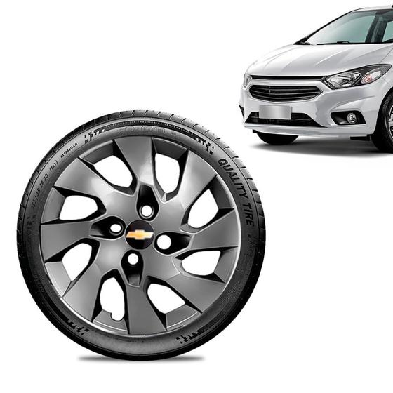 Imagem de Calota Chevrolet GM Prisma 2013 14 15 16 Aro 14 Grafite Brilhante Emblema Preto