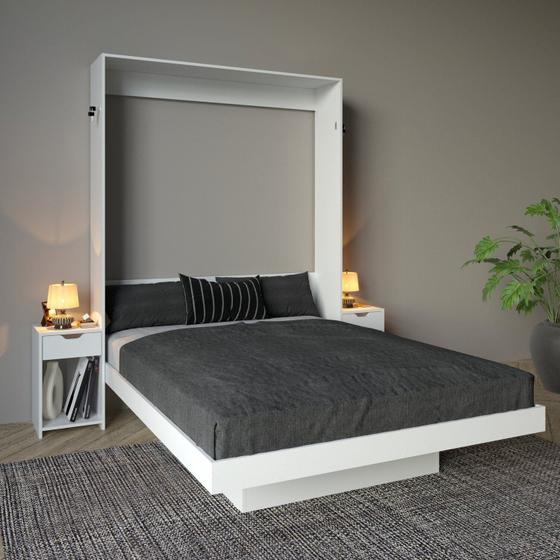 Imagem de Cama Articulada de Casal 209x198cm com 2 Mesas de Cabeceira, Nichos e Gavetas Cm8041 Branco