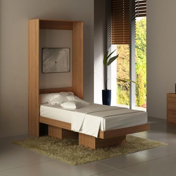 Imagem de Cama Articulada Vertical Compacta Solteiro Quarto 2 Nichos Prateleiras Multiuso Marrom Madeira