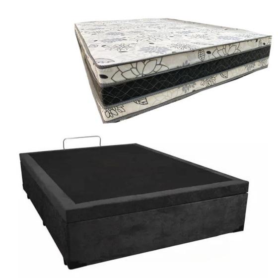 Imagem de Cama Base Box Baú Casal Super Confort Suede Preto + Colchão Casal Super Confort D33  28x138x188