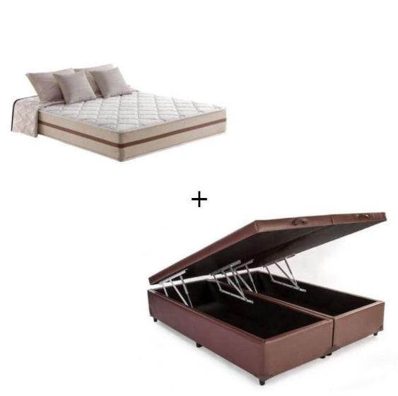 Imagem de Cama Baú Box King Tecido Sintético Marrom com Colchão Pillow Angel - Bello Box - Molas Ensacadas