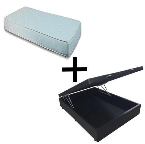 Imagem de Cama Baú Box Viúva 128 - Tecido Sintético Preto com Colchão Munique Bello Box - 100% Espuma - D33 Branco 55x128x188