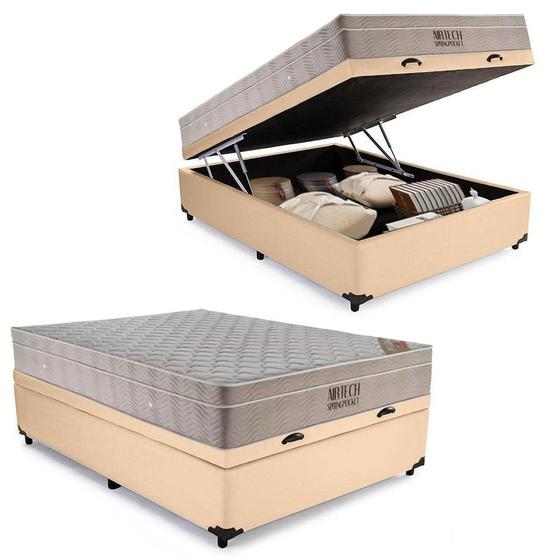 Imagem de Cama Baú Casal Sintético + Colchão Ortobom Airtech Molas Ensacadas 65x138x188 Bege