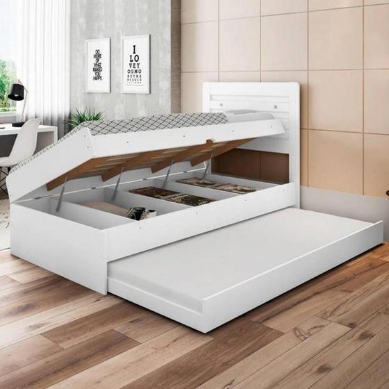 Cama baú com cama auxiliar Larissa Framar Branco Menor preço em Cama baú com cama auxiliar Larissa Framar Branco