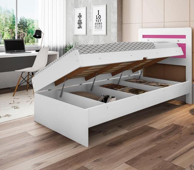 Cama Baú Solteiro Larissa Branco e Rosa Menor preço em Cama Baú Solteiro Larissa Branco e Rosa