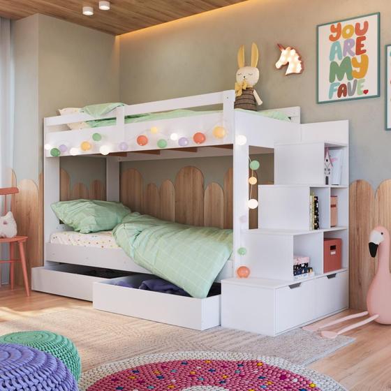 Imagem de Cama Beliche Infantil Bicama Menino Menina 2,32m com Escada, Nichos e Gavetas com Rodas Branca