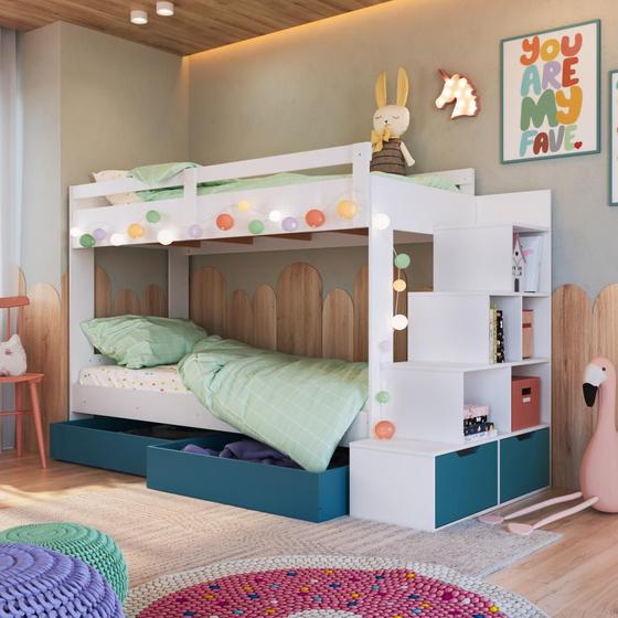 Imagem de Cama Beliche Infantil Bicama Menino Menina 2,32m com Escada, Nichos e Gavetas com Rodas Branco com Azul