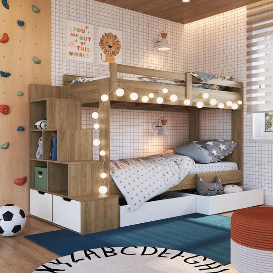 Imagem de Cama Beliche Infantil Bicama Menino Menina 2,32m com Escada, Nichos e Gavetas com Rodas