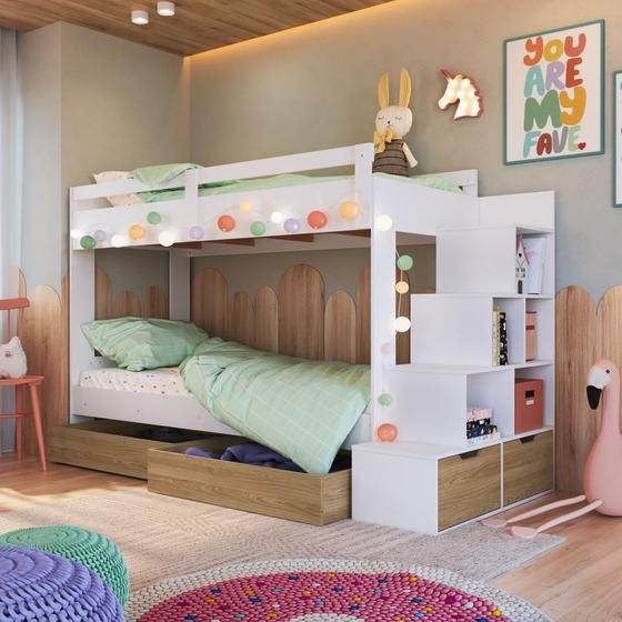 Imagem de Cama Beliche Infantil Bicama Menino Menina 2,32m com Escada, Nichos e Gavetas com Rodas