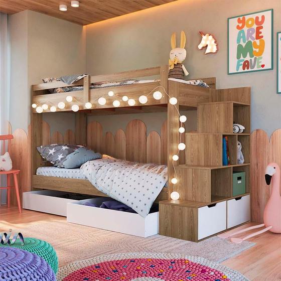 Imagem de Cama Beliche Infantil com Nichos e Gavetões - Aveiro OAK Branco