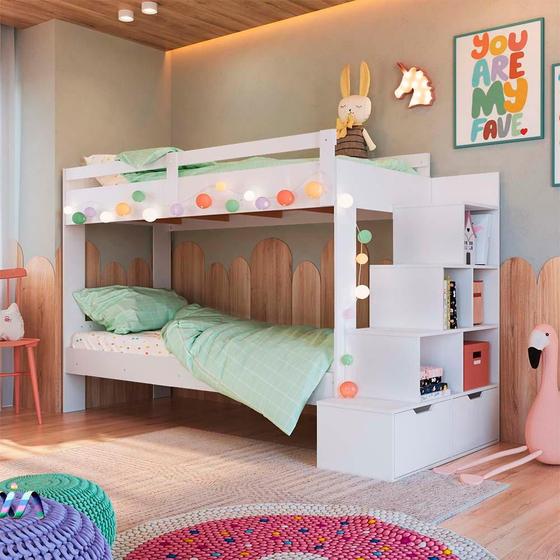 Imagem de Cama Beliche Infantil Solteiro Com 05 Nichos Branco Gunnar Shop Jm