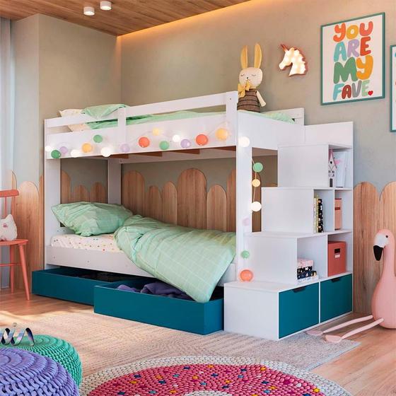 Imagem de Cama Beliche Infantil Solteiro Com 05 Nichos E 02 Gavetões 231cm Branco Azul Decker Shop Jm