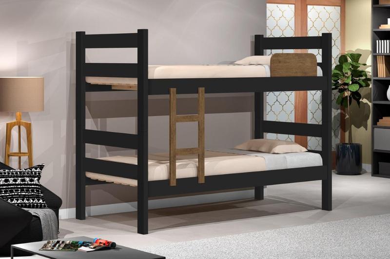 Imagem de Cama Beliche PRIS 100% MDF Com Estrado em Madeira e Escada Lateral Cor Preto/ Jequitiba