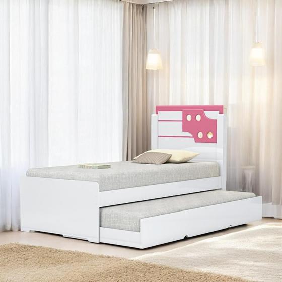 Imagem de Cama Bibox Solteiro com Aplique Luiza Branca e Rosa