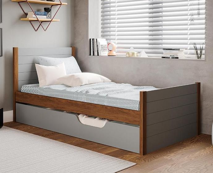 Cama Bibox Solteiro Elza Grafite/Savana com proteção lateral e cama auxiliar - 100% MDF Menor preço em Cama Bibox Solteiro Elza Grafite/Savana com proteção lateral e cama auxiliar - 100% MDF