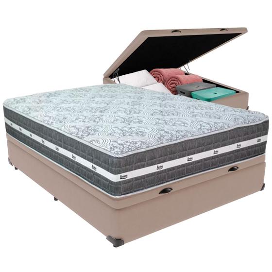 Imagem de Cama Box Baú Bege e Colchão Black Graphite Molas Ensacadas Casal Anjos