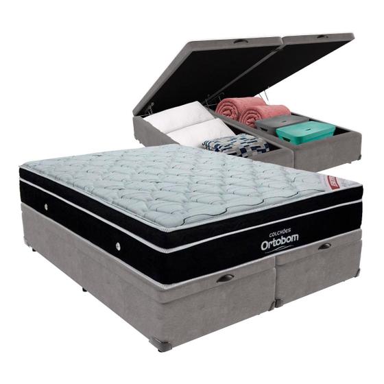 Imagem de Cama Box Baú Bipartido Queen Cinza e Colchão Elegant Superpocket Molas ensacadas Ortobom