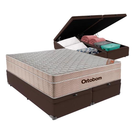 Imagem de Cama Box Baú Bipartido Queen Marrom e Colchão Airtech Springpocket Molas Ensacadas Ortobom