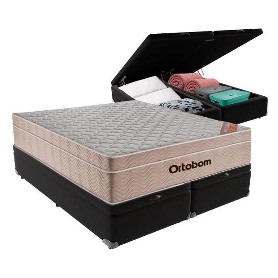 Imagem de Cama Box Baú Blindado e Reforçado Queen Preto e Colchão Airtech Springpocket Molas Ensacadas Ortobom