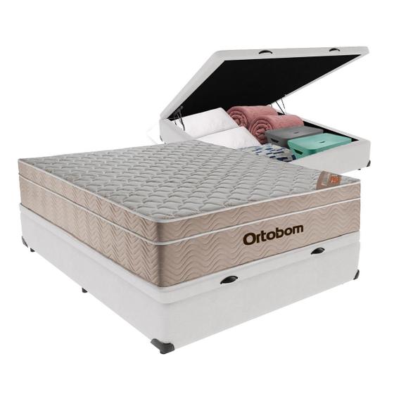 Imagem de Cama Box Baú Branco e Colchão Airtech Spring Casal Ortobom