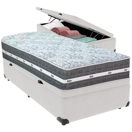 Imagem de Cama Box Baú Branco e Colchão Black Graphite Molas Ensacadas Solteiro 88x188X32 Anjos