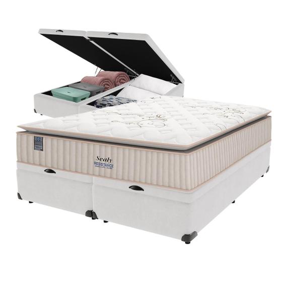 Imagem de Cama Box Baú Branco e Colchão King Resistance Molas LFK Sealy