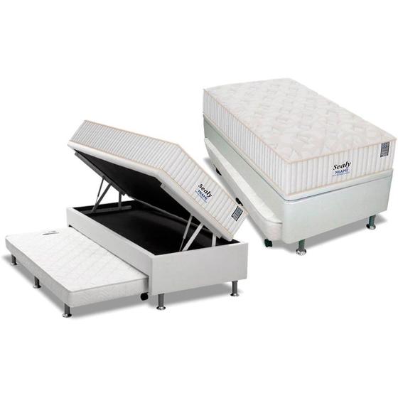 Imagem de Cama Box Baú c/Auxiliar Solteiro: Colchão Molas Sealy MasterPocket Miami + Base CRC Courano Branco(88x188)