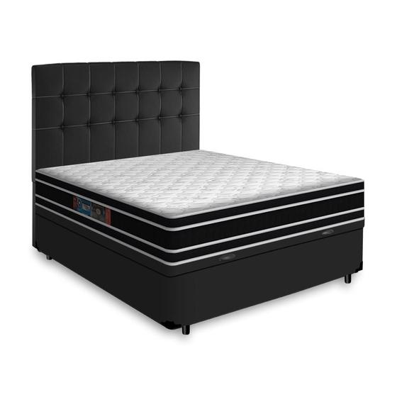 Imagem de Cama Box Baú + Cabeceira Cassis e Colchão Casal - Castor - Black White D33 - 138x188x69cm Preto