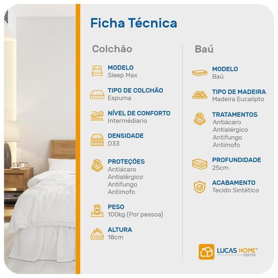 Imagem de Cama Box Baú + Cabeceira Cassis e Colchão Queen - Castor - Sleep Max - 158x198x60cm Branco