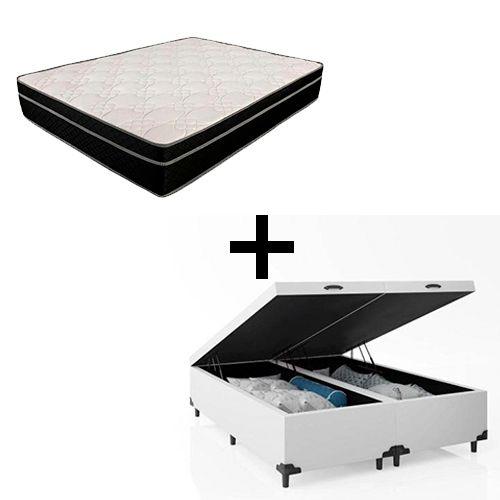 Imagem de Cama Box Baú Casal 138 Bipartido - Tecido Sintético Branco com Colchão Paris - Molas Ensacadas Preto 67x138x188