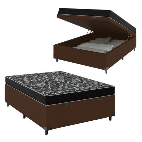 Imagem de Cama Box Baú Casal 138 Sintético Marrom com Colchão de Espuma D20 - Tampo Preto 12cm