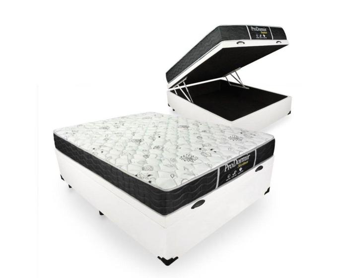 Imagem de Cama Box Baú casal 138 Tecido Sintético Branco Com Colchão com Molas - Prodormir Sleep Black - Probel 63x138x188