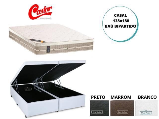 Imagem de Cama Box Baú Casal Bipartido + Colchão Castor Premium Tecnopedic 138x188x72 (Ideal para locais sem passagem, Escadas e Corredores Estreitos)