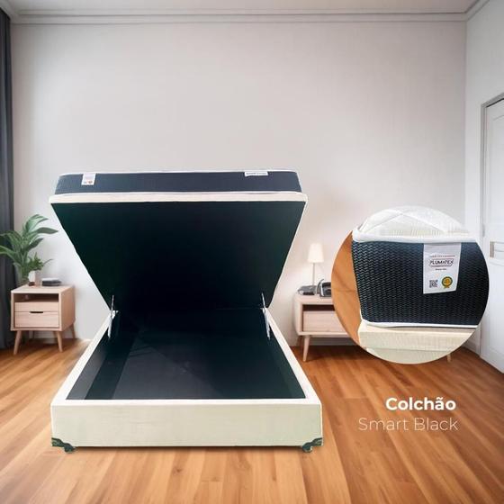 Imagem de Cama Box Baú Casal Blindada Tecido Sintético + Colchão de Molas Ensacadas Smart Black 138cm