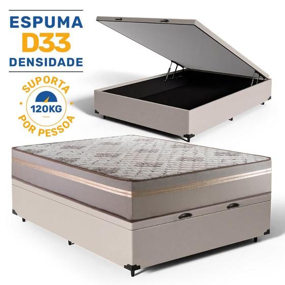 Imagem de Cama Box Baú Casal + Colchão D33 Millenium One Face Bege 138x188x61cm - Suporta até 120Kg Por Pessoa