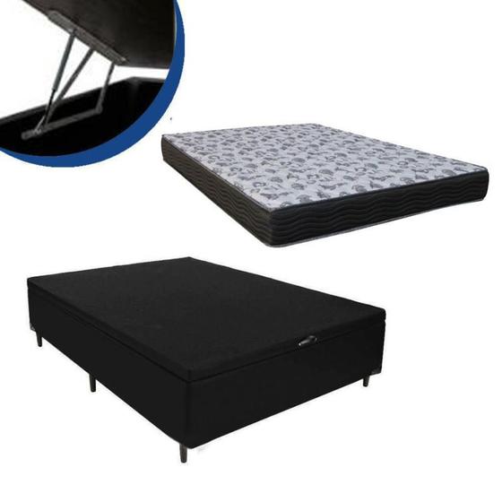 Imagem de Cama Box Baú Casal Colchão Espuma D45 Bordado + Box Sintético Preto Sp Móveis 61x138x188