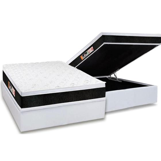 Imagem de Cama Box Baú Casal: Colchão Espuma D45 Castor  Black e White Air Euro Pillow + Base CRC Courano White(138x188)