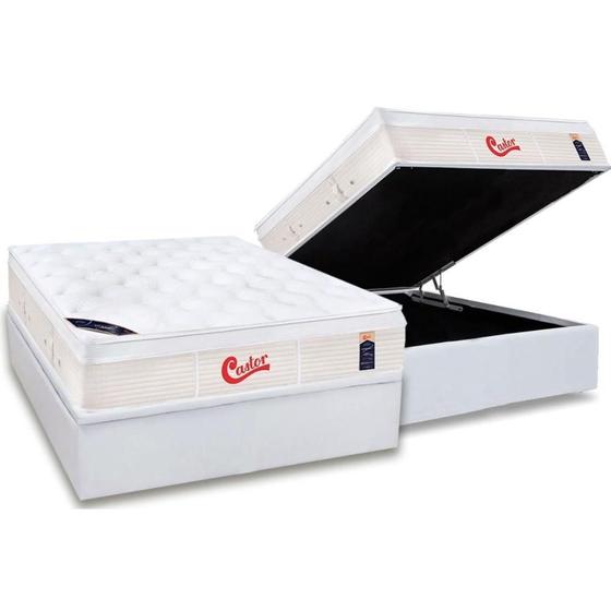 Imagem de Cama Box Baú Casal: Colchão Molas Ensacadas Castor Pocket Gold Star Vitagel + Base CRC Courano White(138x188)