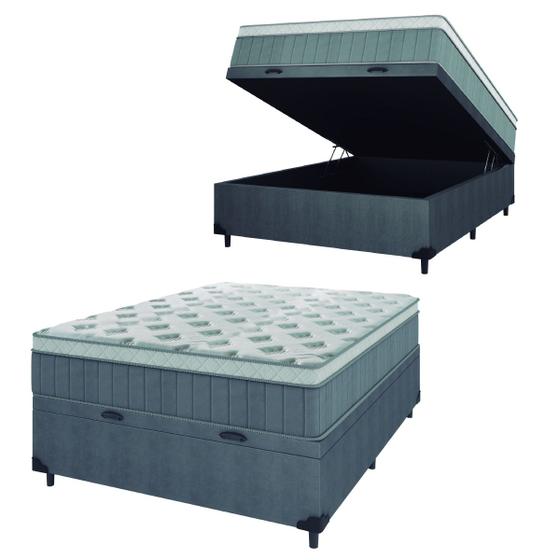 Imagem de Cama Box Baú Casal Colchão Molas Ensacadas Ômega 138x188x73cm Cinza / Branco Hellen - Suporta até 110kg por Pessoa
