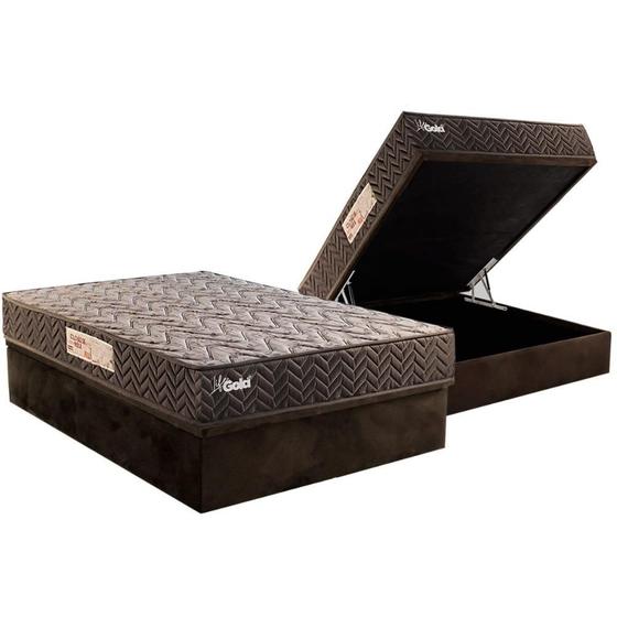 Imagem de Cama Box Baú Casal: Colchão Molas MasterPocket Ensacadas Paropas Life Gold Black Silver + Base CRC Suede Brown (138x188)